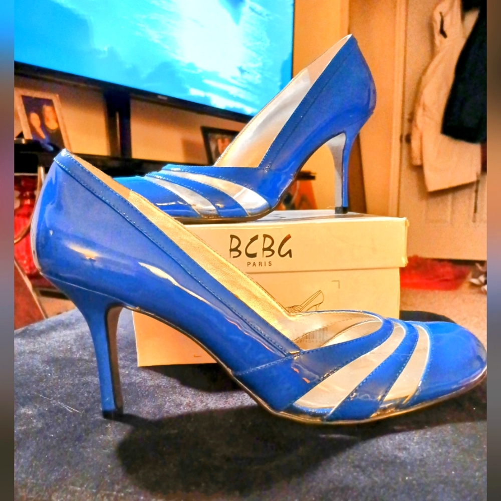 BCBG Danny Blue/Clear Patent Leather Heels